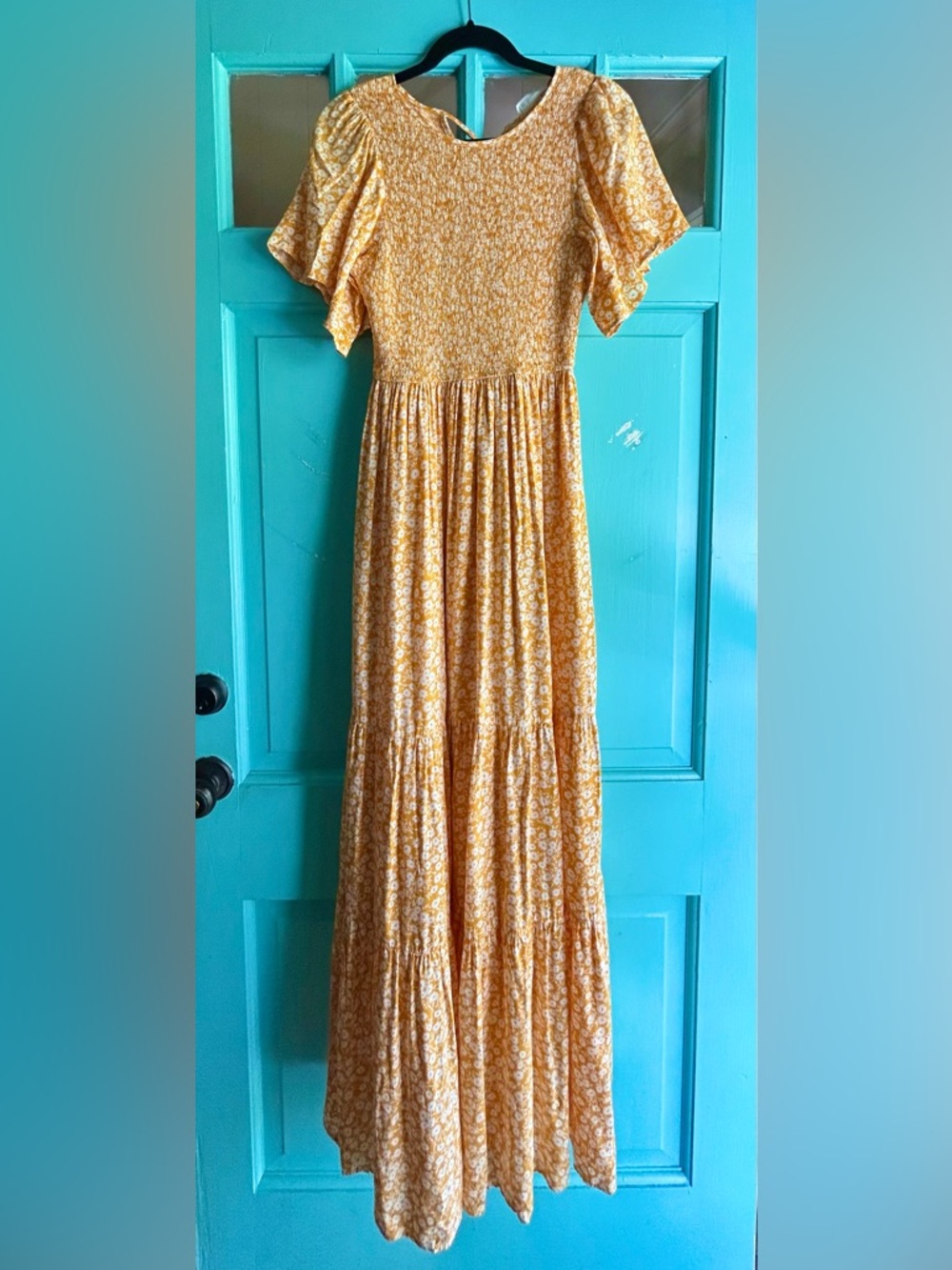Boutique Golden Yellow Floral Maxi Dress with Flutter Sleeves